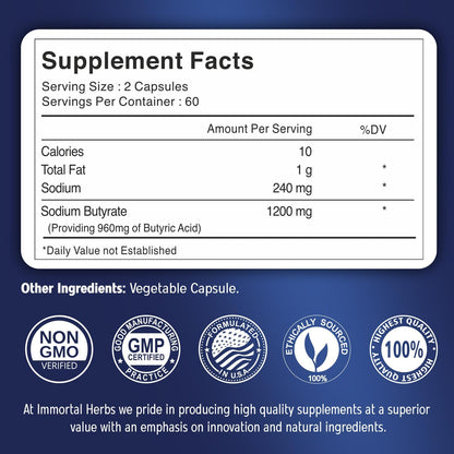 Sodium Butyrate Capsules 1200mg, High Absorption Postbiotic, 120 Count, Standardized Butyric Acid, Vegan, Non-GMO & Gluten-Free Butyrate Supplement for Women and Men