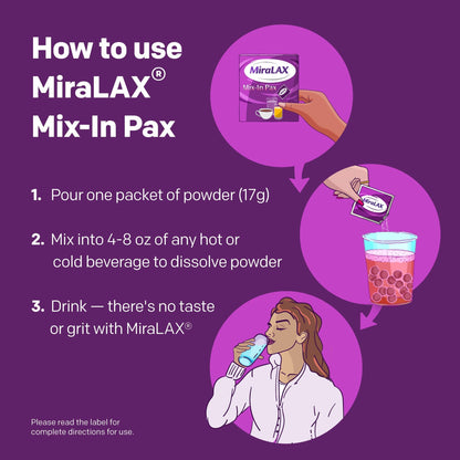 MiraLAX Laxative Powder for Gentle Constipation Relief for Adults, Stool Softener with PEG 3350, Nonstimulant Laxative, No Harsh Side Effects, Single Dose Mix-in Pax, Travel Pack, 40 Doses