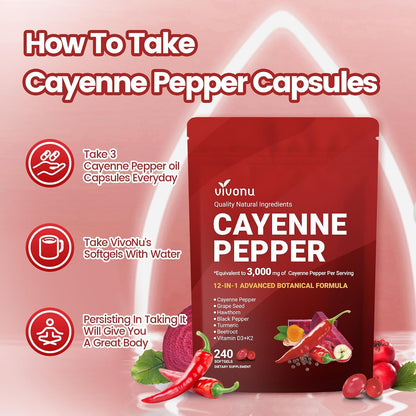 Cayenne Pepper Softgels Supplement, Supports Leg Vein, Heart and Blood Vessel Health, with Vitamin E D3+K2 and Extracts of Grape Seed, Hawthorn, Beetroot, Berberine and Others (Softgels / 2 Bag)