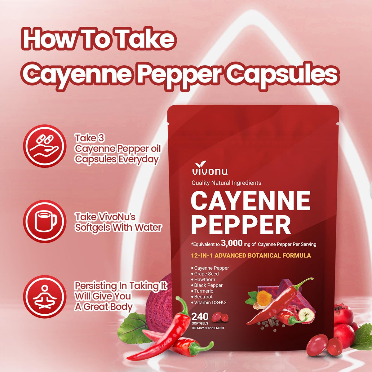 VivoNu Cayenne Pepper Softgels Supplement, Supports Leg Vein, Heart and Blood Vessel Health, with Vitamin E D3+K2 and Extracts of Grape Seed, Hawthorn, Beetroot, Berberine (Softgel / 1 Bag)
