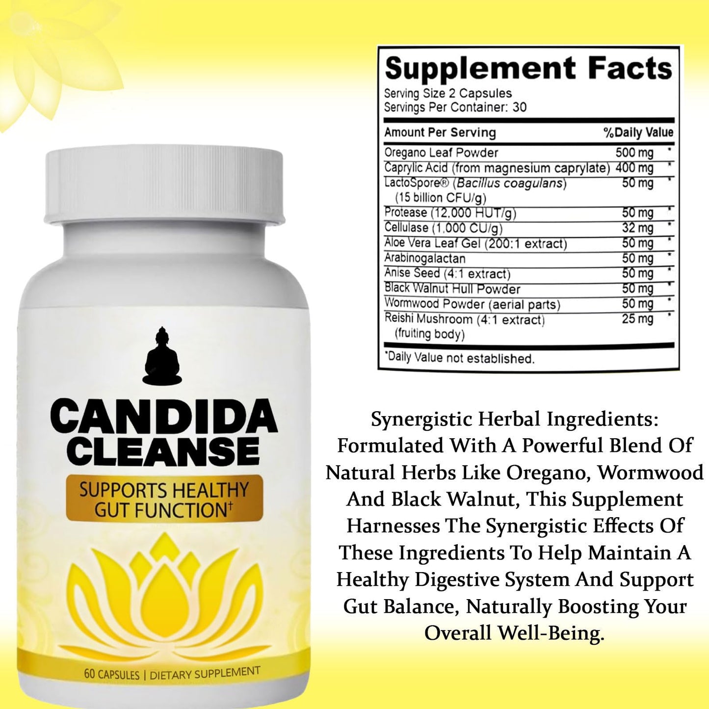 Candida Cleanse - Gut & Colon Support, Advanced Probiotic & Herbal Formula, Natural Herbal Formula, Oregano Leaf, Wormwood, Black Walnut,