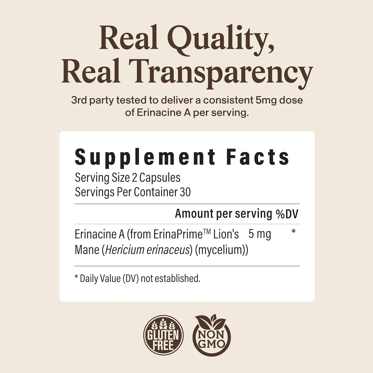 Real Mushrooms Real Mycelium – Standardized Lion’s Mane Mycelium Capsules with 5mg Erinacine A (ErinaPrime) – Pure Hericium Erinaceus Supplement for Focus, Memory, & Mental Clarity – (60 Count)