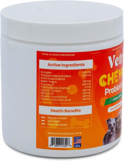 Vetr Probiotic Chews for Dogs - Chicken Flavored - Probiotics for Digestive Health - 60 Soft Chews - Vet-Formulated in USA