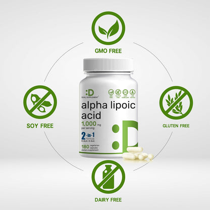 Alpha Lipoic Acid 1,000mg, 180 Veggie Capsules – 50/50 R-ALA & S-ALA for Max Bioavailability – Antioxidant Supplement – Energy & Nervous System Support – Non-GMO