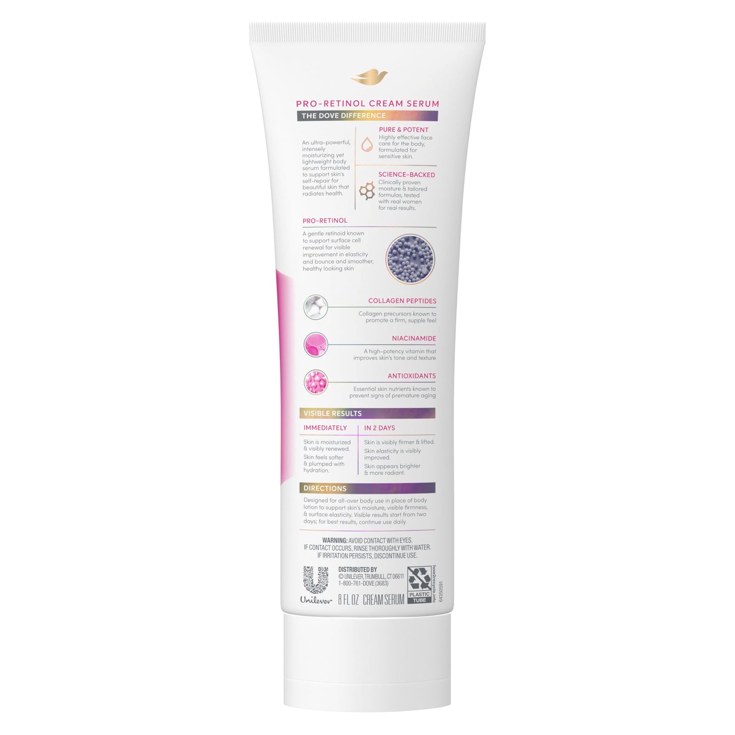 Dove Cream Serum Pro-Retinol + Firming for Elasticity and Firmness, with Collagen Peptides, Niacinamide and Antioxidants Lotion, 8 oz