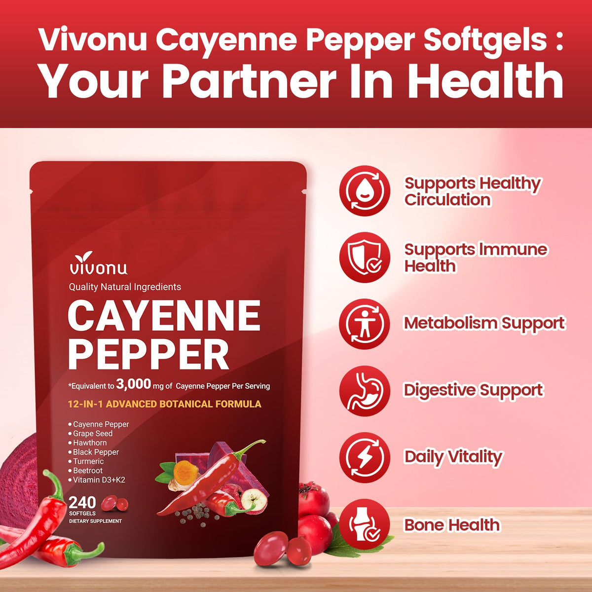 VivoNu Cayenne Pepper Softgels Supplement, Supports Leg Vein, Heart and Blood Vessel Health, with Vitamin E D3+K2 and Extracts of Grape Seed, Hawthorn, Beetroot, Berberine (Softgel / 1 Bag)