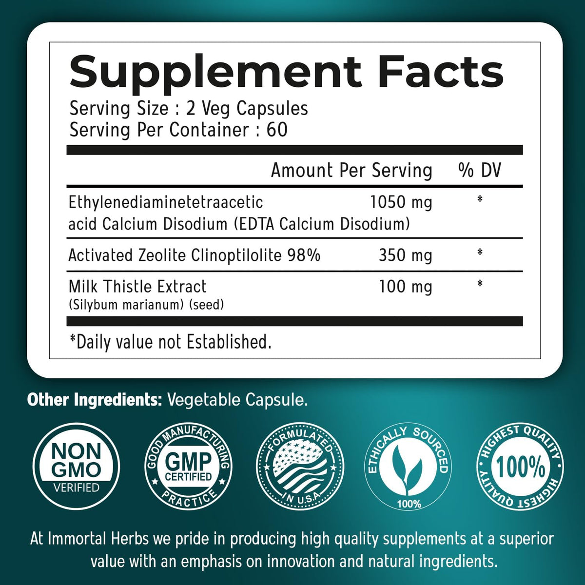 EDTA Capsules 1500mg with Zeolite 98% and Milk Thistle, 120 Pills, Non-GMO & Gluten Free Calcium Disodium EDTA Supplement