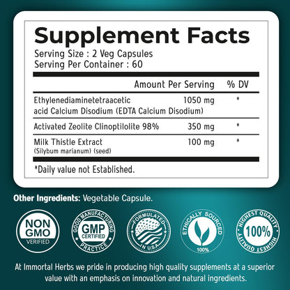 EDTA Capsules 1500mg with Zeolite 98% and Milk Thistle, 120 Pills, Non-GMO & Gluten Free Calcium Disodium EDTA Supplement