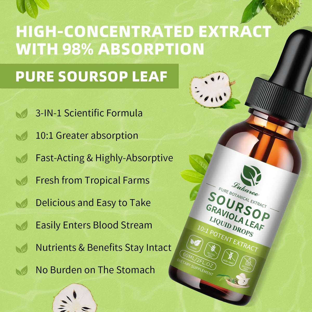 Lukaree Pure Soursop Graviola Leaves Extract - Immune Energy & Gut Support | Soursop Bitters Liquid Drop for Cell Support & Regeneration – Cold Extract with High Potency– Vegan | Gluten-Free | 2 Fl Oz