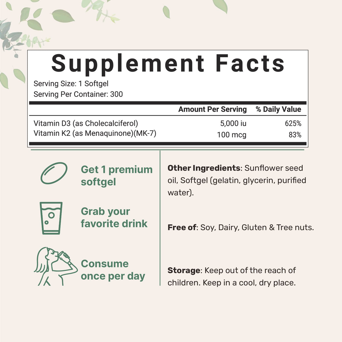 Micro Ingredients Vitamin D3 + K2 MK-7 5,000 IU Per Serving, 300 Softgels | K2 100 mcg Per Serving, D3 & K2 Vitamin Supplement for Women & Men. Easy-to-Swallow, Non-GMO, Gluten Free.
