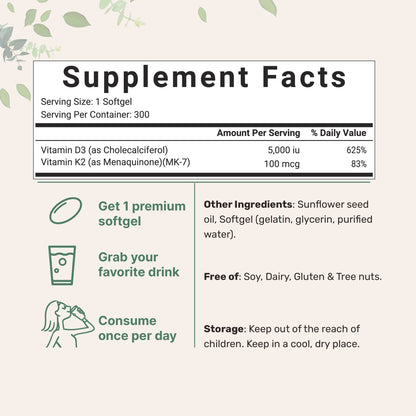 Micro Ingredients Vitamin D3 + K2 MK-7 5,000 IU Per Serving, 300 Softgels | K2 100 mcg Per Serving, D3 & K2 Vitamin Supplement for Women & Men. Easy-to-Swallow, Non-GMO, Gluten Free.