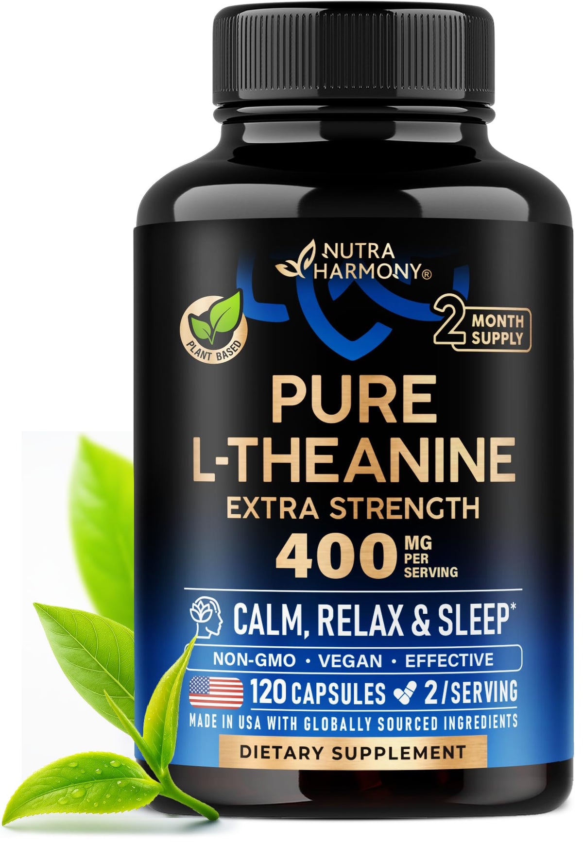 L Theanine 400 mg | L-Theanine Stress Relief | Extra Strength Supplement | Lab Tested | Relaxation, Sleep & Calm Support | For Men & Women | Plant Based, Non-GMO & Gluten-Free | 120 Vegan Capsules