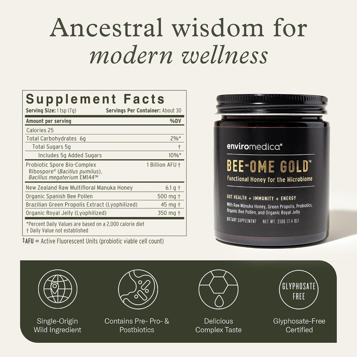 Bee-Ome Gold Raw Manuka Honey with Probiotics & Royal Jelly, 7.4oz | Unpasteurized raw Manuka honey with bee pollen & propolis. Functional superfood honey by Enviromedica. 7.4 oz.