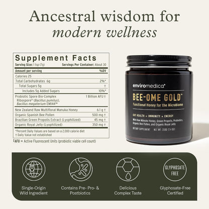 Bee-Ome Gold Raw Manuka Honey with Probiotics & Royal Jelly, 7.4oz | Unpasteurized raw Manuka honey with bee pollen & propolis. Functional superfood honey by Enviromedica. 7.4 oz.