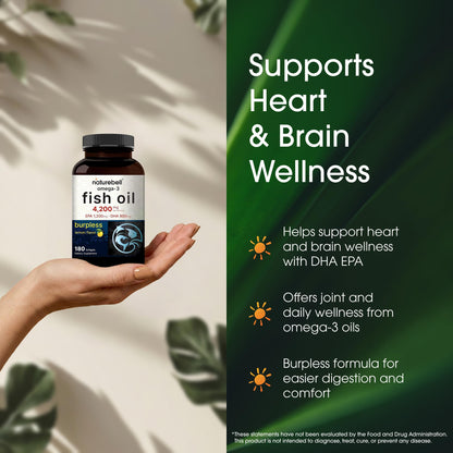 NatureBell Omega-3 Fish Oil - 180 Softgels - Support for Joint, Brain & Heart Health* - with EPA & DHA - No Burps or Fishy Aftertaste - Non-GMO