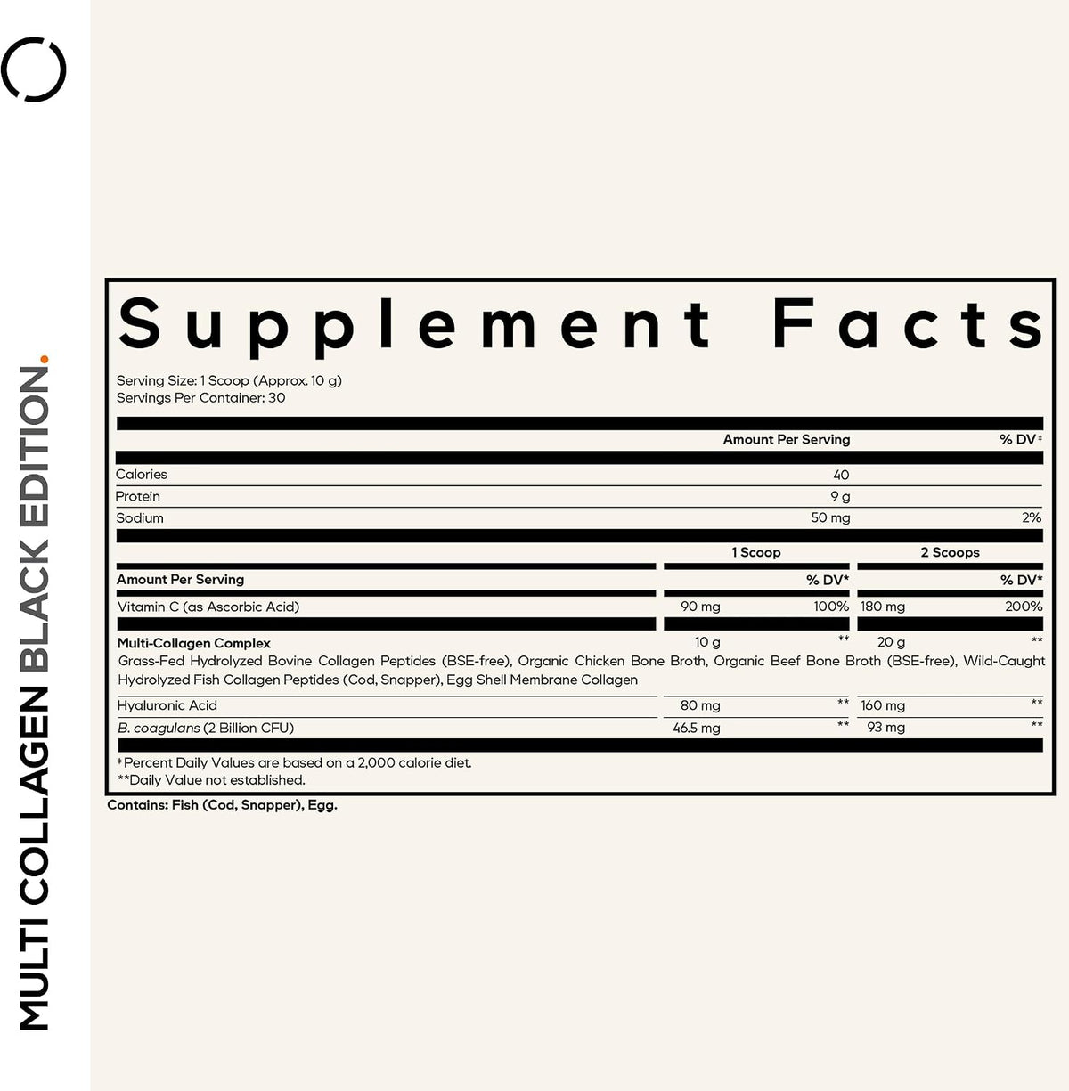 Codeage Multi Collagen Peptides Powder + Probiotics Black Edition, Vitamin C, Hyaluronic Acid Powder Supplement, Grass-Fed, Hydrolyzed, Zero Carbs, Type I, II, III, V & X, Unflavored, 10.58oz