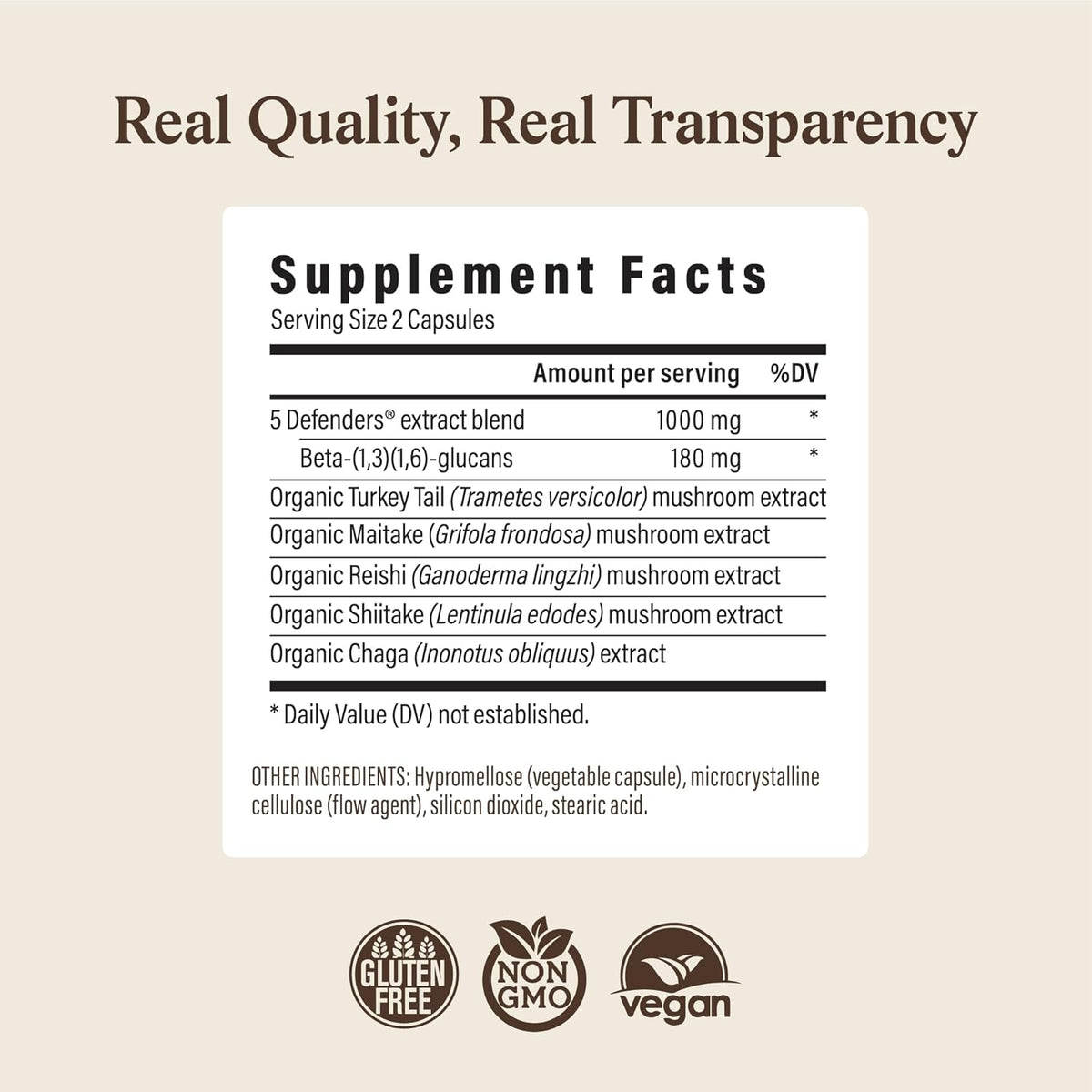 Real Mushrooms 5 Defenders Mushroom Complex – Organic Adaptogenic Mushroom Blend with Chaga, Reishi, Turkey Tail, Maitake & Shiitake for Wellness Support - Mushroom Beta Glucan Capsules - 200 Count