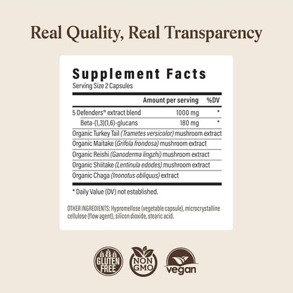 Real Mushrooms 5 Defenders Mushroom Complex – Organic Adaptogenic Mushroom Blend with Chaga, Reishi, Turkey Tail, Maitake & Shiitake for Wellness Support - Mushroom Beta Glucan Capsules - 200 Count