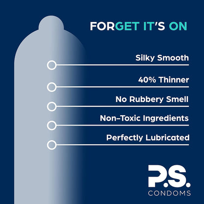 PS Condoms Exceptionally Thin Latex Condoms for Men - 12 Pack, Afterparty Love Oversized Adult Flushable Wipes, Organic Aloe & Plant Based Lube, Rise & Shine