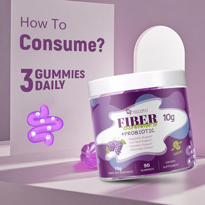 Migcopat 10G Fiber Gummies for Adults, No Sugar Added Grape Flavor, Fiber Supplement with 30 Billion CFU Probiotics Blend, ACV, Vitamin C, Inulin, Support Digestive Health, 90 Count