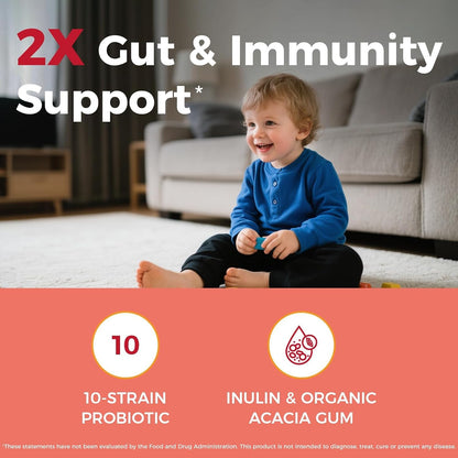 NewRhythm Kids Probiotic Chewables, 5 Billion CFU 10 Strains, with Prebiotic Fiber Inulin & Organic Acacia, Natural Strawberry Flavored, for Digestive & Immune Support, 30 Chewable Tablets