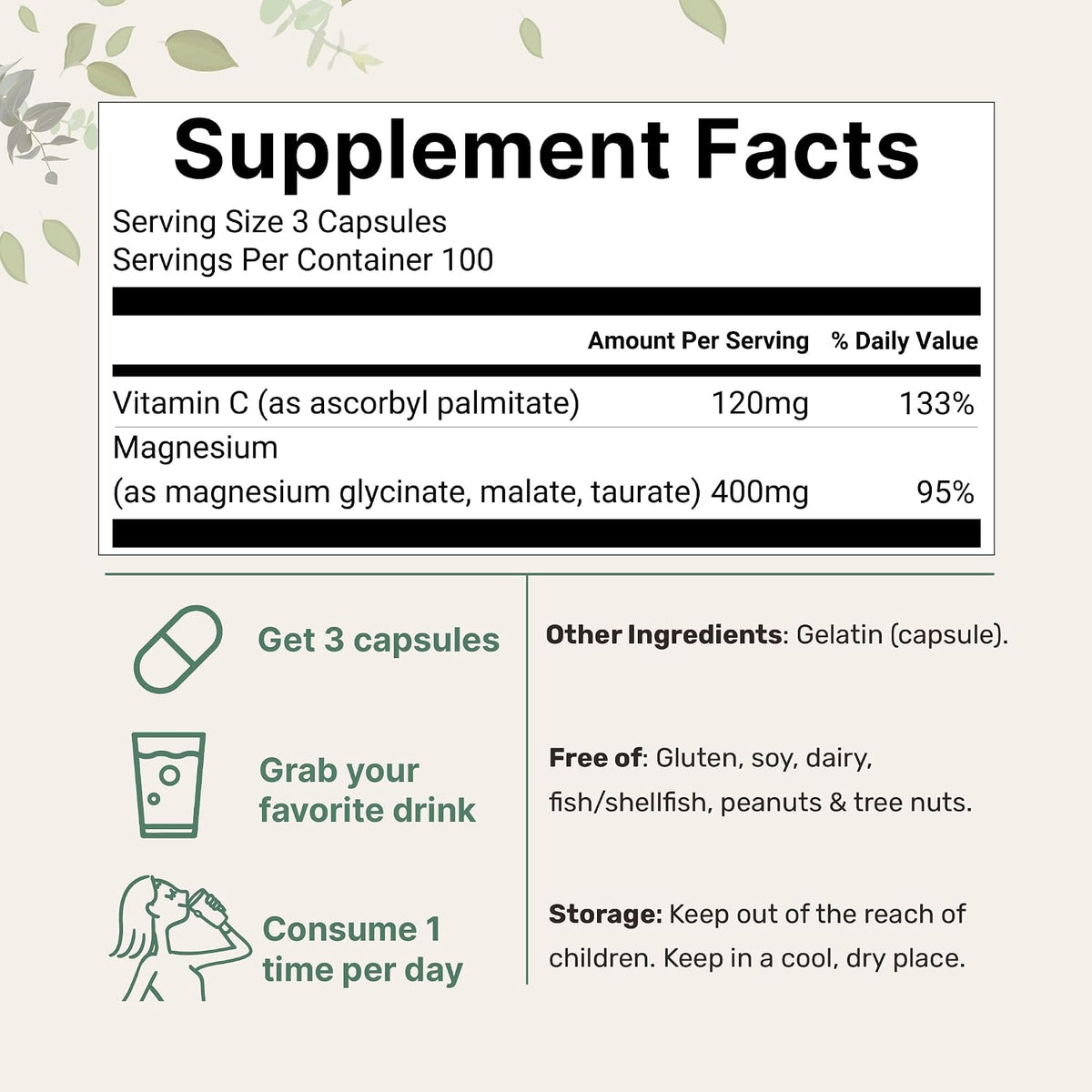 Micro Ingredients Pure Magnesium Complex, 300 Capsules | Triple Magnesium Glycinate, Malate, Taurate with Vitamin C | 100% Chelated | Supports Muscles, Nerves, & Energy | Only Active Ingredients