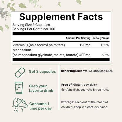 Micro Ingredients Pure Magnesium Complex, 300 Capsules | Triple Magnesium Glycinate, Malate, Taurate with Vitamin C | 100% Chelated | Supports Muscles, Nerves, & Energy | Only Active Ingredients