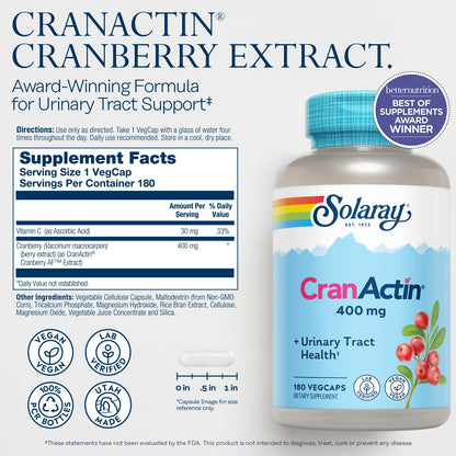 SOLARAY CranActin Cranberry Extract 400 mg - Cranberry Supplements for Women and Men - Bladder and Urinary Tract Health Support with Vitamin C - Vegan, 60-Day Guarantee, 120 Servings, 120 VegCaps
