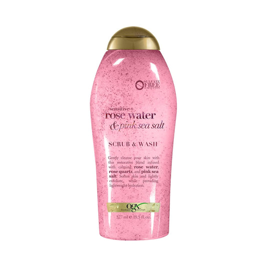 OGX Sensitive + Rose Water & Pink Sea Salt Exfoliating Body Scrub + Rose Quartz, Gentle Exfoliating Daily Body Wash Softens Skin