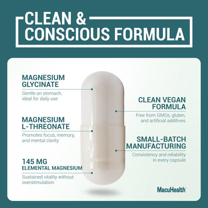 MacuHealth Magnesium Glycinate & L-Threonate 145mg - 90 Capsules - Highly Absorbable Magnesium for Energy, Calm & Focus - Gentle on Stomach, Vegan, Non-GMO - Premium Chelated Magnesium Supplement MacuhealthBuy Supplements Australia