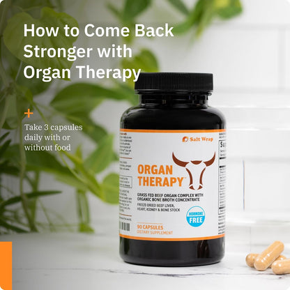 SaltWrap Organ Therapy - Grass Fed Beef Organ Meat Complex Supplement with Organic Bone Broth Concentrate (Beef Liver, Heart, Kidney and Bone Broth Capsules with BioPerine) Desiccated, 90 Capsules | Manufactured in USA, Grass-Fed & Freeze-Dried Heart and