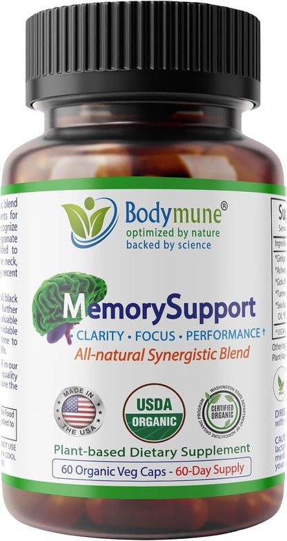 Bodymune MemorySupport Brain Health Formula | Supports Mental Clarity, Recall & Concentration* | USDA Organic Nootropic Blend with Ginkgo Biloba & Ashwagandha | 60 Vegan Caps | Made in USA