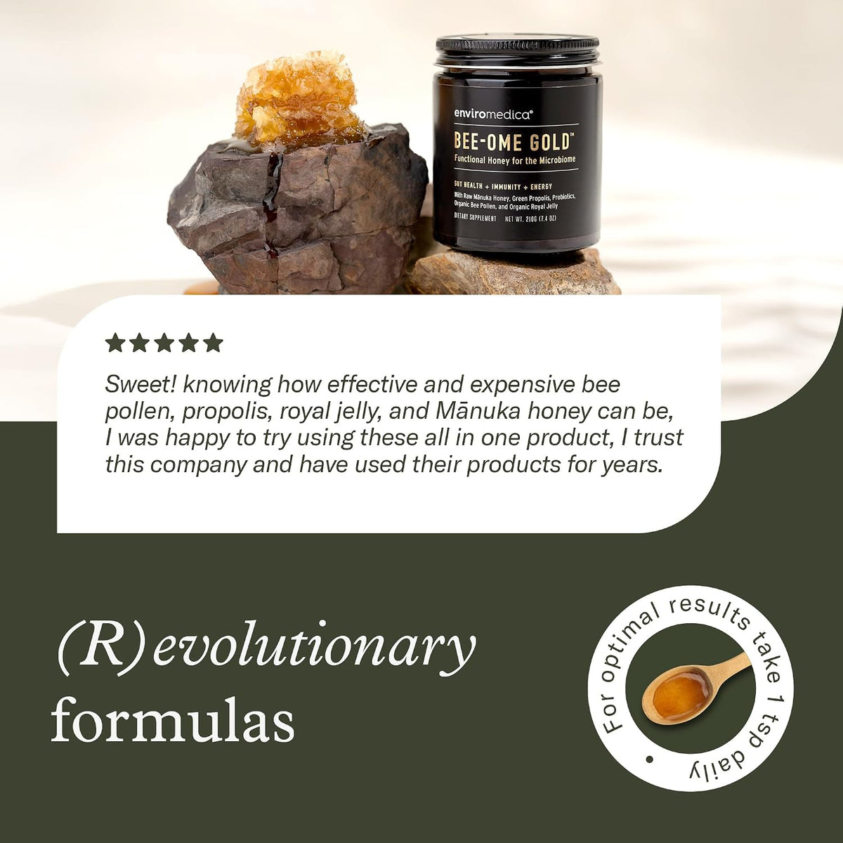 Bee-Ome Gold Raw Manuka Honey with Probiotics & Royal Jelly, 7.4oz | Unpasteurized raw Manuka honey with bee pollen & propolis. Functional superfood honey by Enviromedica. 7.4 oz.