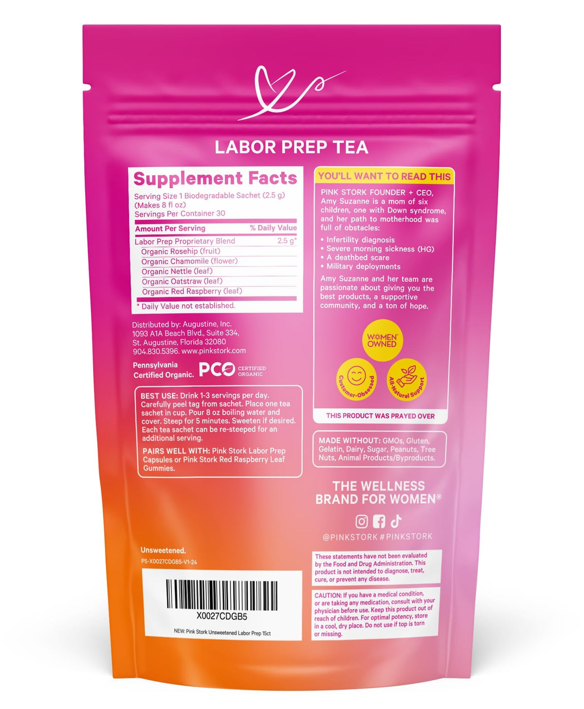 Pink Stork Organic Labor Prep Tea, Sweet Floral Flavor, 30 Cups | Red Raspberry Leadf, Chamomile + Rosehip, Caffeine-Free, Third Trimester Pregnancy, 15 Sachets