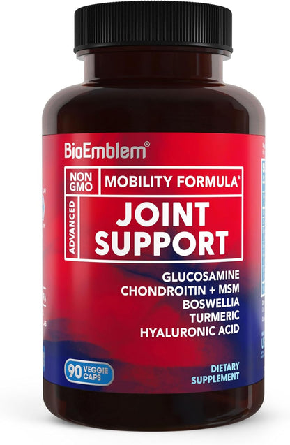 BioEmblem Glucosamine Sulfate 1500mg with Chondroitin & MSM, Joint Support Supplement with Boswellia, Turmeric & Hyaluronic Acid, Supports Mobility, Flexibility & Cartilage Health, Non-GMO, 90 Caps