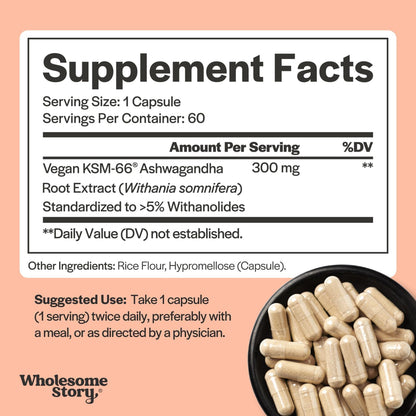Vegan KSM 66 Ashwagandha Capsules| High Potency 5% Withanolides | Ashwagandha Root Extract Supplements | Ashwagandha 300mg | Stress Management & Well Being Support | 60 Ashwaganda Pills