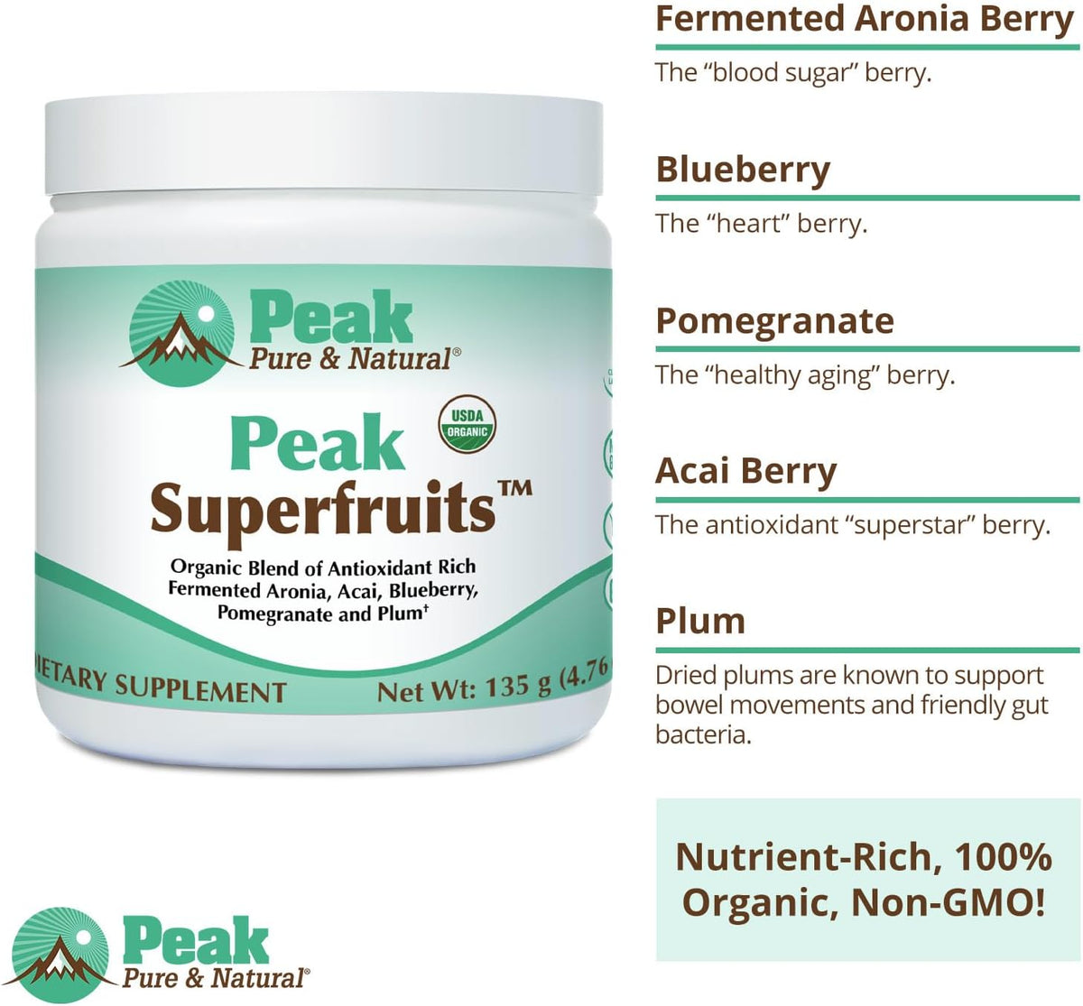 Peak Organic Superfruits - Polyphenol Rich Superfood Powder - Non-GMO Fermented Aronia Berry, Acai, Blueberry, Pomegranate, and Plum - Aging, Metabolic Health, Heart Health (30 Servings)