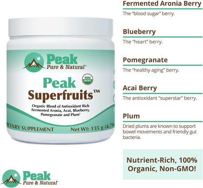 Peak Organic Superfruits - Polyphenol Rich Superfood Powder - Non-GMO Fermented Aronia Berry, Acai, Blueberry, Pomegranate, and Plum - Aging, Metabolic Health, Heart Health (30 Servings)