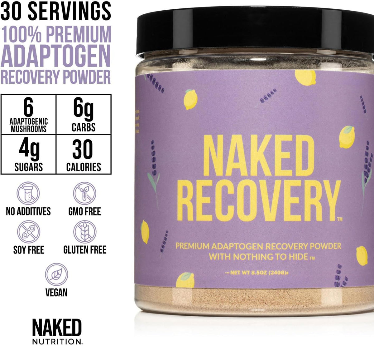 NAKED Recovery - Mushroom Supplement Powder - Lions Mane, Cordyceps, Reishi, Tart Cherries, Lemon Balm - Adaptogen Wellness Formula, Stress Relief, Muscle Recovery - 30 Servings
