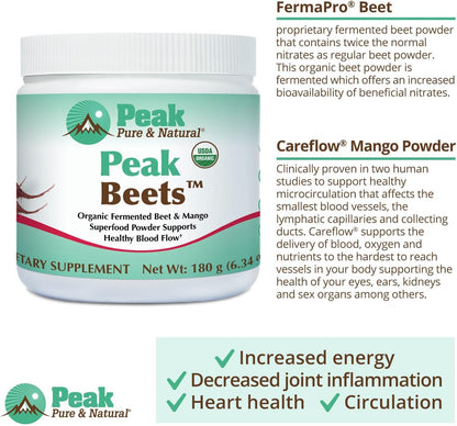 Peak Pure & Natural Peak Organic Fermented Beets - Organic Fermented Beet Powder Superfood Drink Powder - Nitric Oxide Supplement Support for Normal Blood Pressure