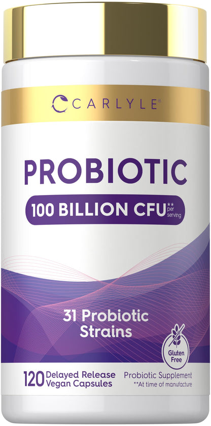 Carlyle Probiotic 100 Billion CFU | 120 Capsules | Delayed Release | 31 Probiotic Strains | with Prebiotic Fiber | Vegan, Non GMO, Gluten Free