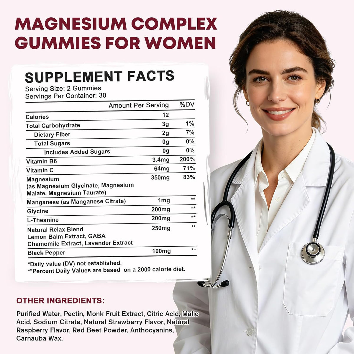Magnesium Complex Gummies for Women, Triple Magnesium Complex with Glycinate, Malate, Taurate, Magnesium Complex 350 mg with L-theanine & Glycine for Relax, Sleep, Immune Support, Sugar Free, 60 Ct