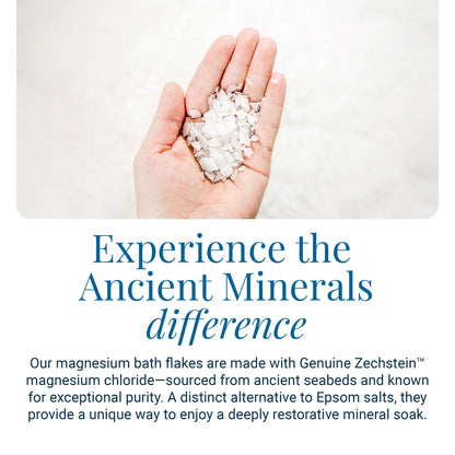 Ancient Minerals Magnesium Bath Flakes, Epsom Salt Alternative, 8lb | Pure Zechstein magnesium chloride flakes for soaking & whole-body replenishment. 8 lb resealable bag.