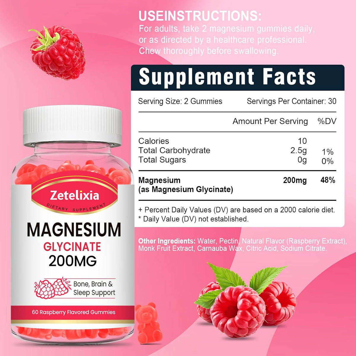 Gomitas de glicinato de magnesio de 200 MG, suplementos de glicinato de magnesio de alta absorción para relajación, sabor a frambuesa, paquete de 2, 120 unidades