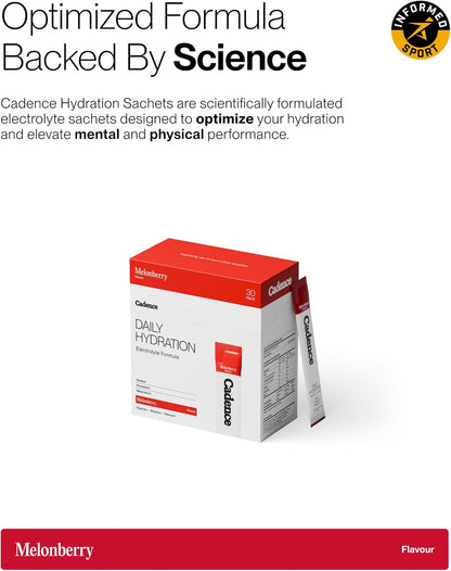 Cadence Sachets Core Melonberry - Carton (5g x 30) Science-Backed Hydration | Electrolyte Formula + Caffeine | Vegan, Keto & Paleo Friendly | Sodium, Potassium & Magnesium for Performance & Recovery