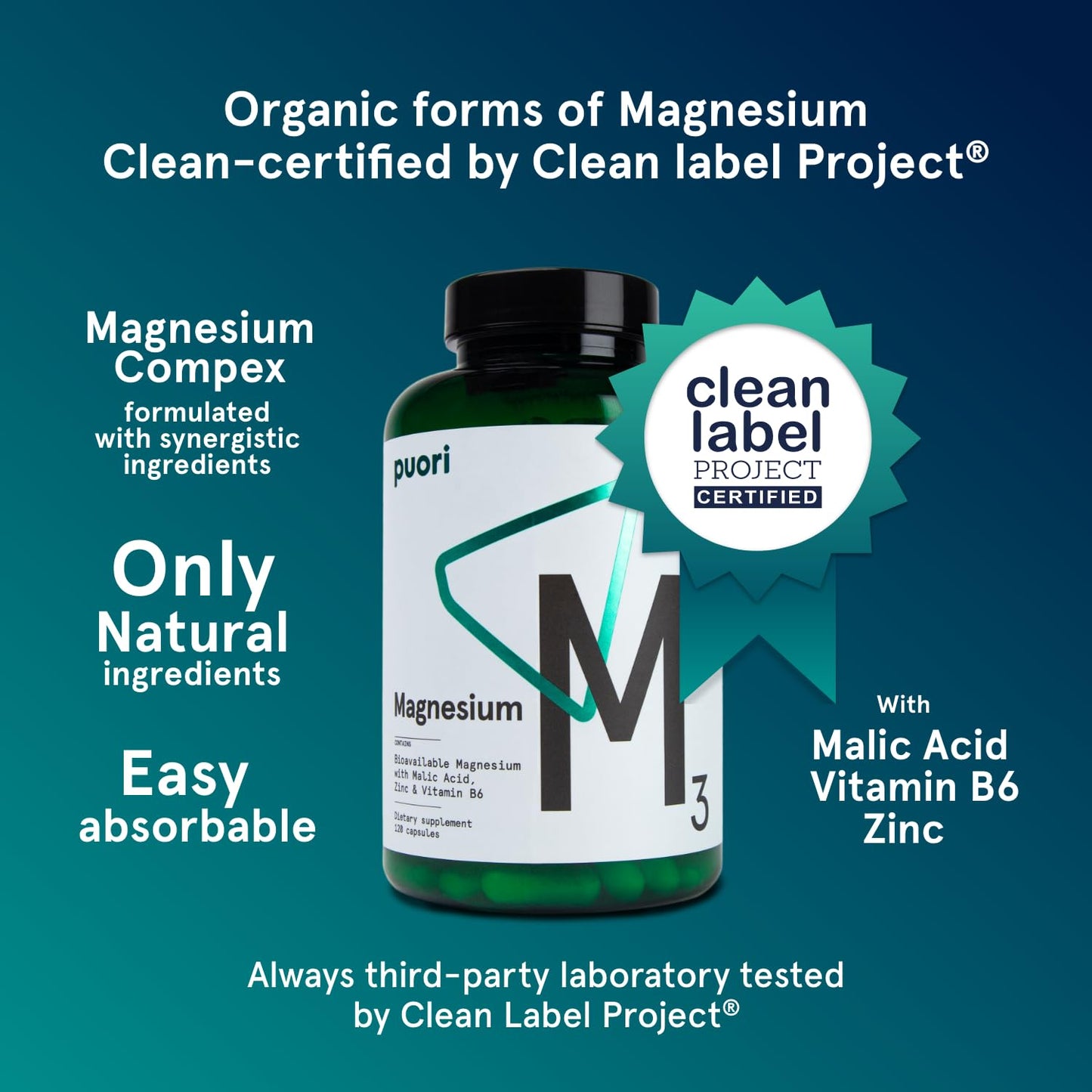 Puori Magnesium Complex Supplement - High Absorption Magnesium Taurinate & Gluconate, Zinc, Vitamin B6 & Malic Acid for Sleep Support, Immune & Bone Health & Muscle Recovery - 240 Vegan Capsules
