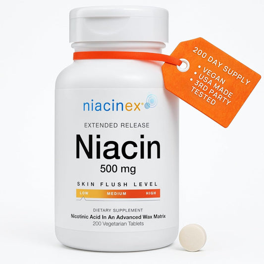 Niacinex Niacin 500mg Extended Time Release, 200 Tablets, Minimal to No-Flush, Vitamin B3 Supplement - Cholesterol Balance