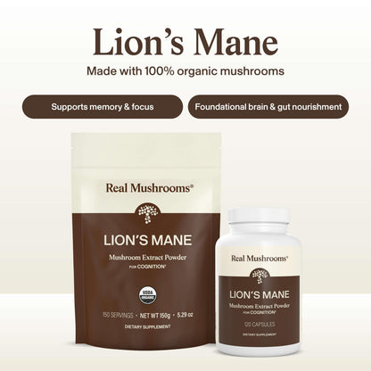 Real Mushrooms Lions Mane Mushroom Supplement - Organic Lions Mane Extract Powder for Overall Wellness with Adaptogens – Functional Vegan, Non-GMO Blend with 60 Servings
