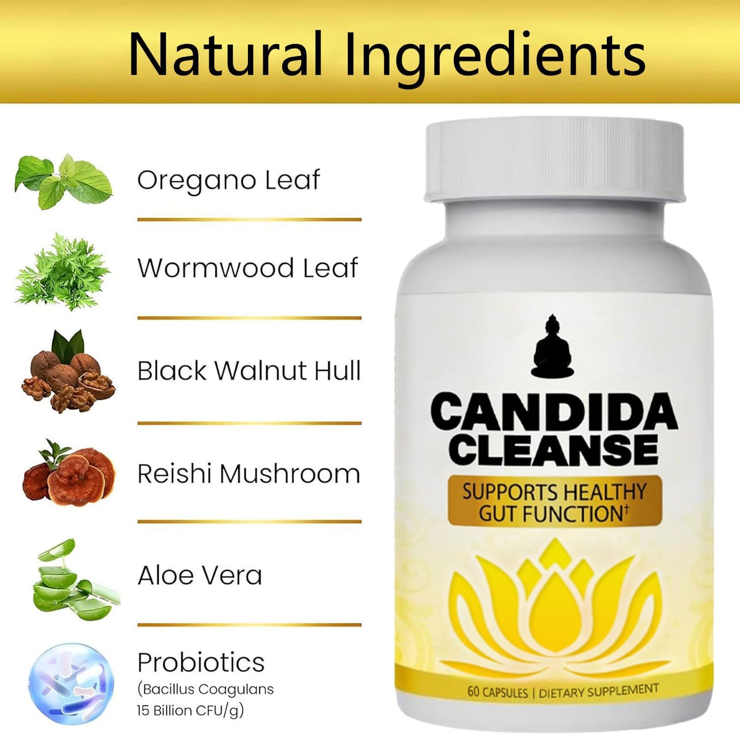 Candida Cleanse - Gut & Colon Support, Advanced Probiotic & Herbal Formula, Natural Herbal Formula, Oregano Leaf, Wormwood, Black Walnut,