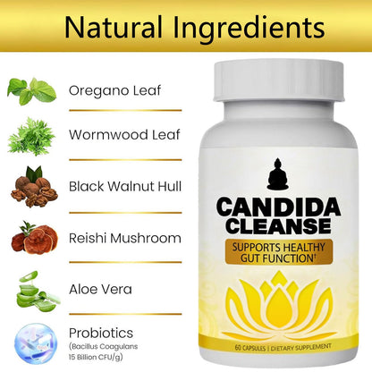 Candida Cleanse - Gut & Colon Support, Advanced Probiotic & Herbal Formula, Natural Herbal Formula, Oregano Leaf, Wormwood, Black Walnut,
